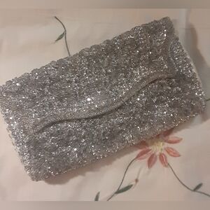 Vintage SILVER Beaded SEQUINS CLUTCH c1970-80